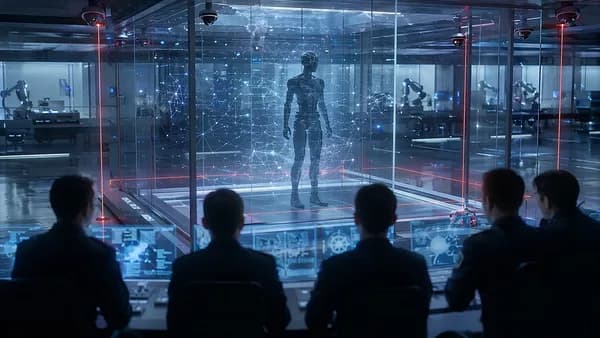 Humanoid AI companion behind glass in a futuristic lab, monitored under strict regulatory controls.