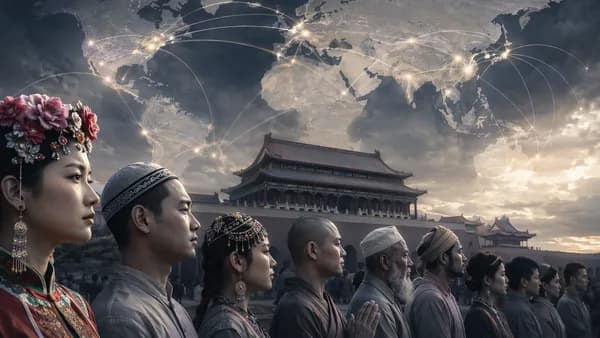 Symbolic China ethnic unity law scene with world map, officials, and diverse communities under pressure.