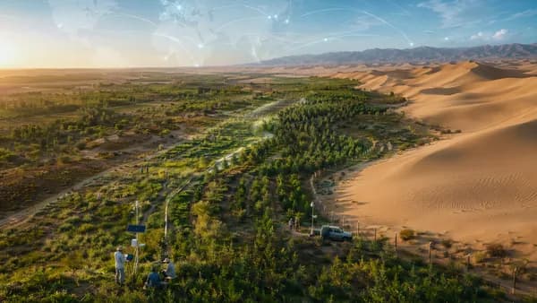 Aerial view of China’s green desert barrier with researchers, irrigation lines, and global map connections.
