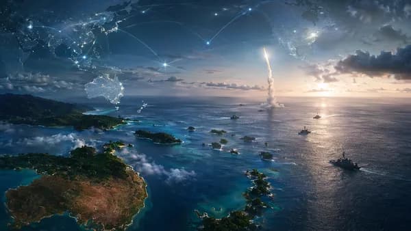 Missile trail over South Pacific with world map connections suggesting regional security tensions