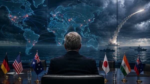 Diplomatic figure watches a Pacific map with missile trajectory and global connections.