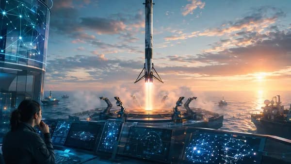 Reusable rocket booster being caught by a high-tech sea platform at dawn with mission control visuals.
