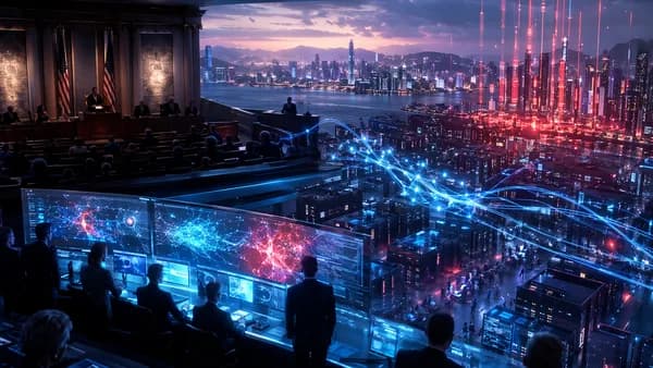 US policy chamber overlooking AI networks linking corporate systems to an Asian tech hub.