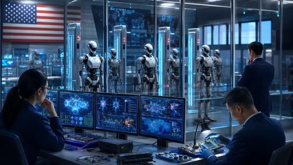Humanoid robots stopped at a high-tech security checkpoint in a futuristic innovation hub.
