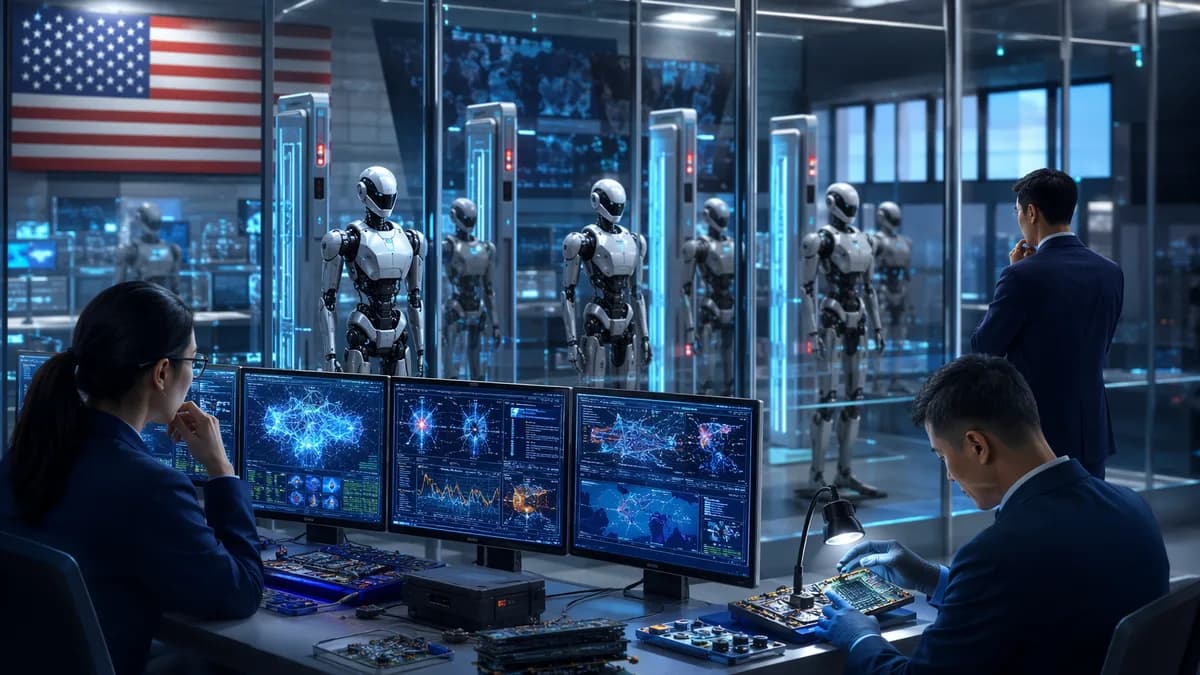 Humanoid robots stopped at a high-tech security checkpoint in a futuristic innovation hub.