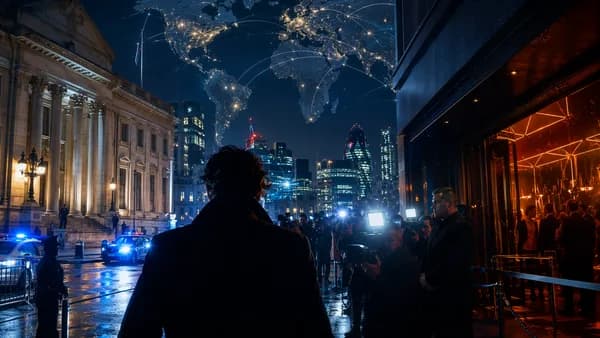 London club legal case scene with courthouse, police lights, celebrity silhouette, and global map connections.