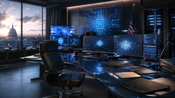 Empty futuristic AI oversight office suggesting leadership resignation and turmoil.