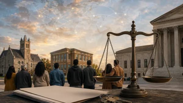 Courthouse, property documents, scales of justice, and survivor silhouettes with a subtle global map backdrop.