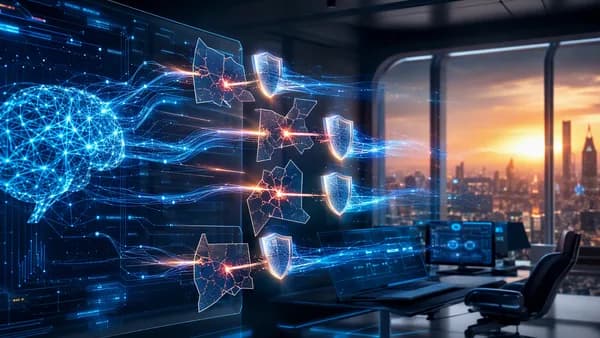 AI neural networks sealing browser security flaws in a futuristic tech workspace.