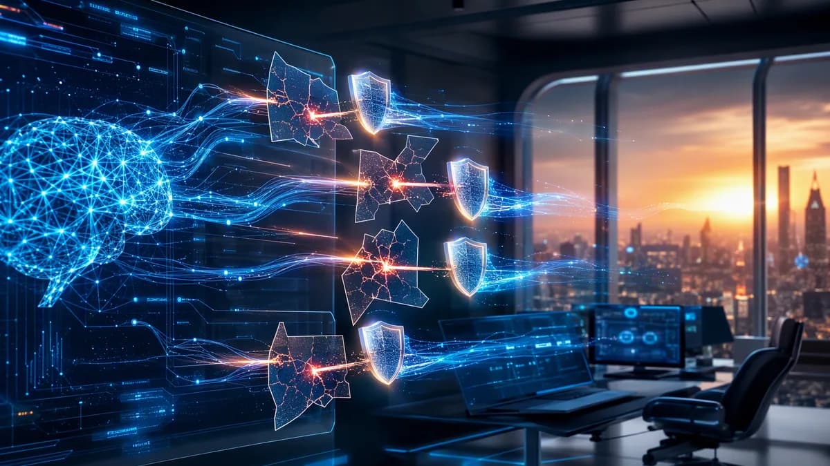 AI neural networks sealing browser security flaws in a futuristic tech workspace.