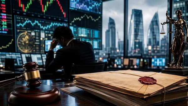 Trading floor with market charts, court gavel, and legal documents symbolizing a finance bankruptcy dispute.