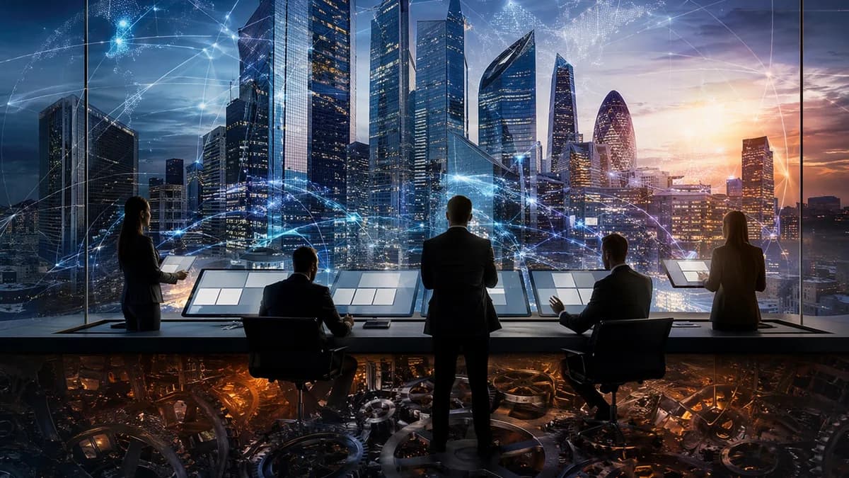 Global banking towers with abstract data networks and modernization machinery, suggesting profit and complexity.
