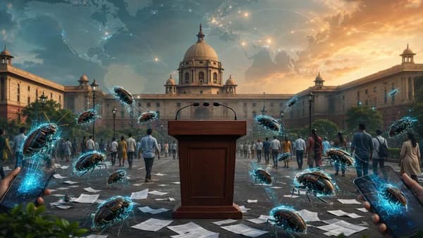 AI-driven protest in India symbolized by robotic cockroaches near an empty government podium.