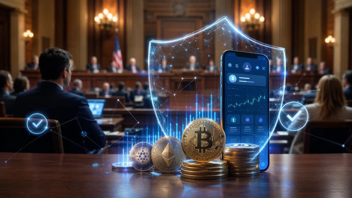 Digital shield over crypto tokens in a government hearing room symbolizing fintech ethics rules
