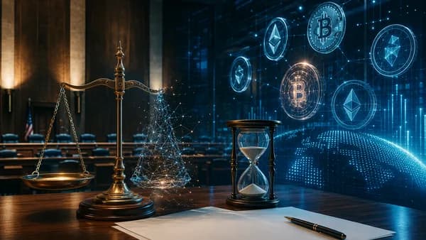 Crypto regulation concept with digital coins, policy papers, hourglass, and ethics scales in a modern hearing room.