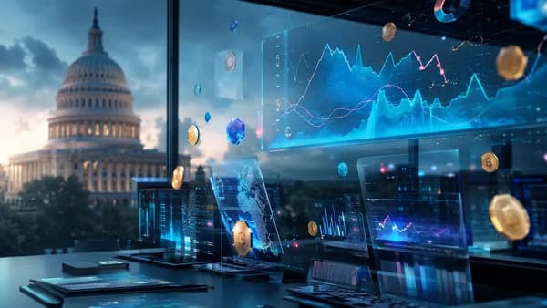 Prediction market dashboard with crypto and government silhouettes reflecting fintech uncertainty
