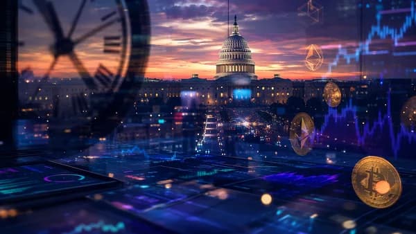 Capitol at dusk with crypto tokens, clock silhouette, and abstract fintech data visuals suggesting delayed legislation.