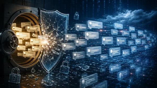 AI chat records leaking from a digital vault into a dark data grid with broken privacy shields and locks.