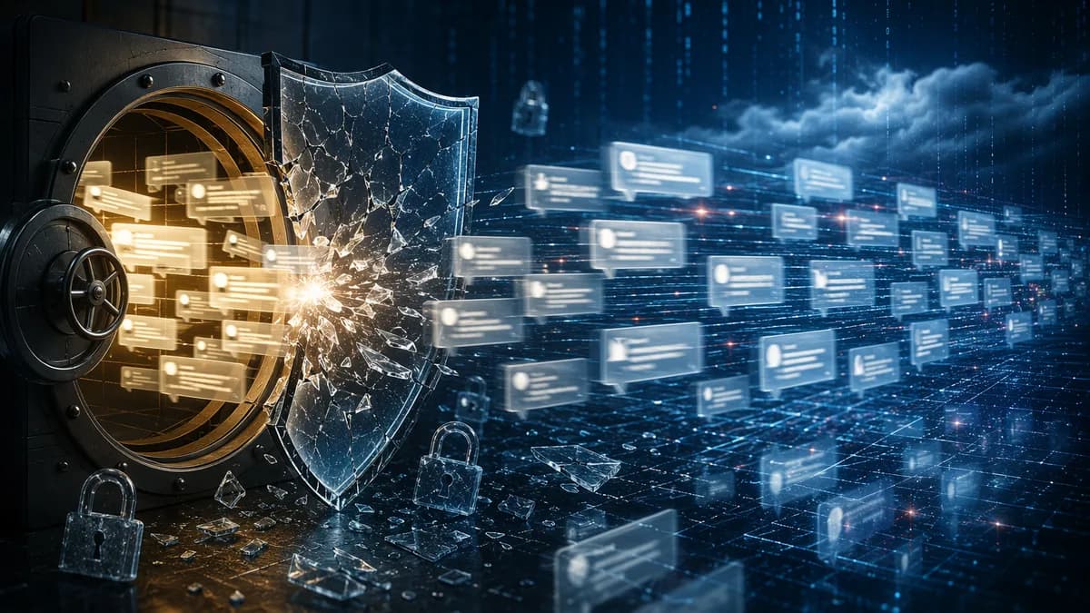 AI chat records leaking from a digital vault into a dark data grid with broken privacy shields and locks.