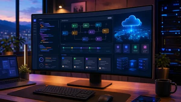 AI coding assistant dashboard with workflow automation, rollback timeline, and cloud infrastructure.