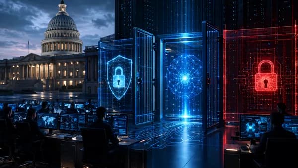Government AI cybersecurity scene with one digital gate open and another locked behind data shields.