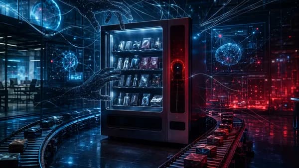 Ominous AI-controlled vending machine in a futuristic tech lab with neural networks and circuits.