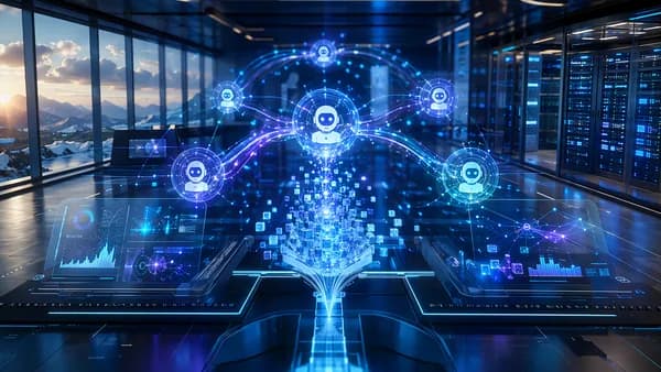 Futuristic AI agent workspace with efficient data streams and neural network visuals.