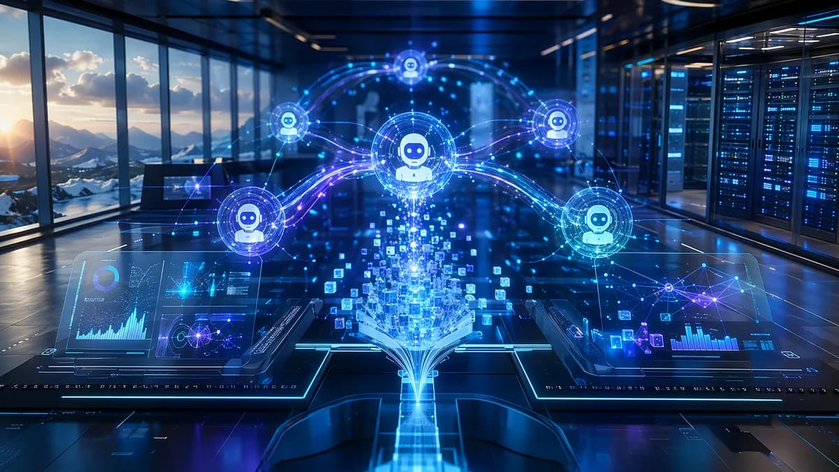 Futuristic AI agent workspace with efficient data streams and neural network visuals.