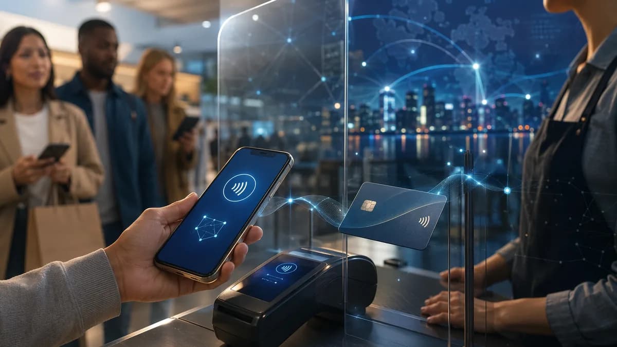 Abstract click-to-pay checkout scene with phone, card, shoppers, merchant, and global payment network.