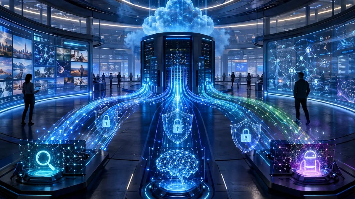 AI crawler data streams filtered by cloud security around protected publisher content in a futuristic newsroom.