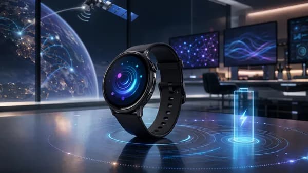 Modern smartwatch on a futuristic tech desk with abstract GPS and battery visuals