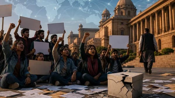 Indian students protest an exam leak crisis outside a government building with global map overlay.