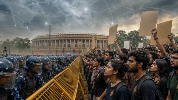 Youth protesters and police clash near India’s Parliament with global map and connection lines overlay.
