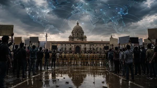 Protest crowd in India before a cracked government building with global map connections overhead.