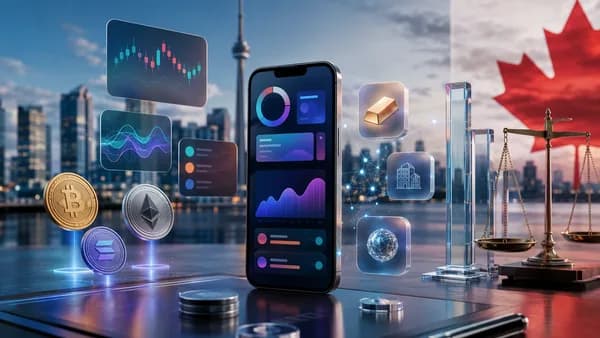 Smartphone finance hub with crypto, DeFi and regulatory symbols against a Canadian city backdrop.
