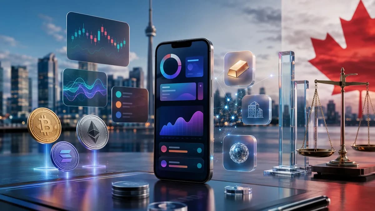Smartphone finance hub with crypto, DeFi and regulatory symbols against a Canadian city backdrop.