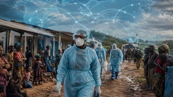 Ebola response in Congo with health workers, community tension, and a faint global map overlay.