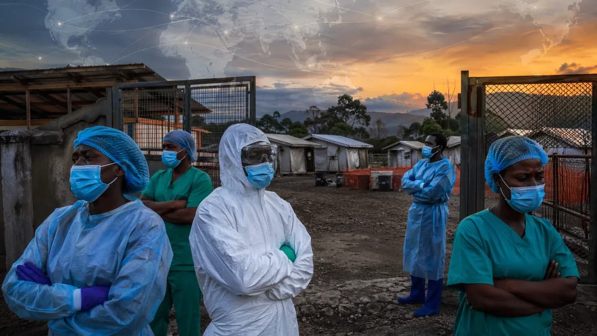 Healthcare workers strike outside an Ebola treatment center in northeast Congo amid outbreak response concerns.