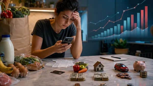 Shopper budgeting groceries and bills with a digital banking app under financial pressure