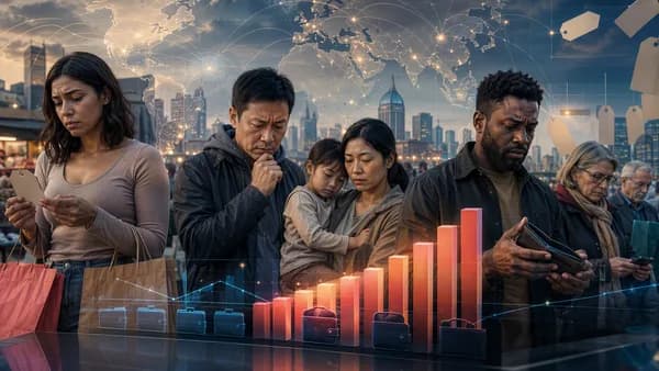 Consumers under financial pressure with global map and rising cost visuals in a modern editorial scene