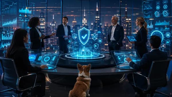 AI insurance fintech valuation concept with holographic shields, data screens, and subtle corgi motif