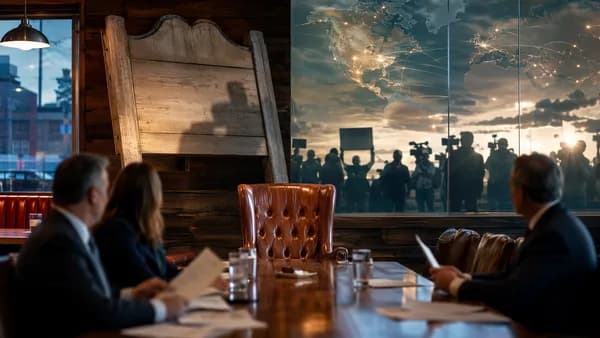 Empty executive chair in rustic restaurant boardroom with blank sign and global map overlay symbolizing brand crisis.