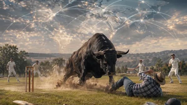 Charging bull disrupts a rural cricket match as players retreat on a tense pitch.