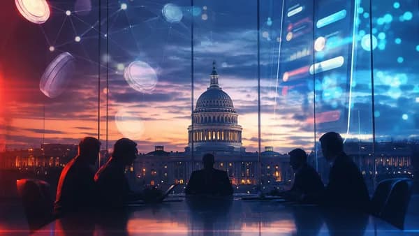 Lawmakers silhouetted near the Capitol with abstract crypto and fintech visuals suggesting regulation debate.