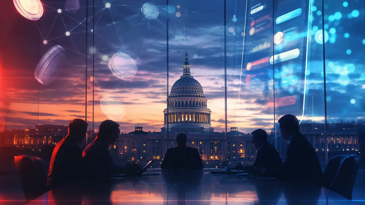 Lawmakers silhouetted near the Capitol with abstract crypto and fintech visuals suggesting regulation debate.