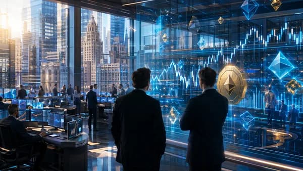 Institutional trading floor merging with futuristic crypto exchange and tokenized market visuals