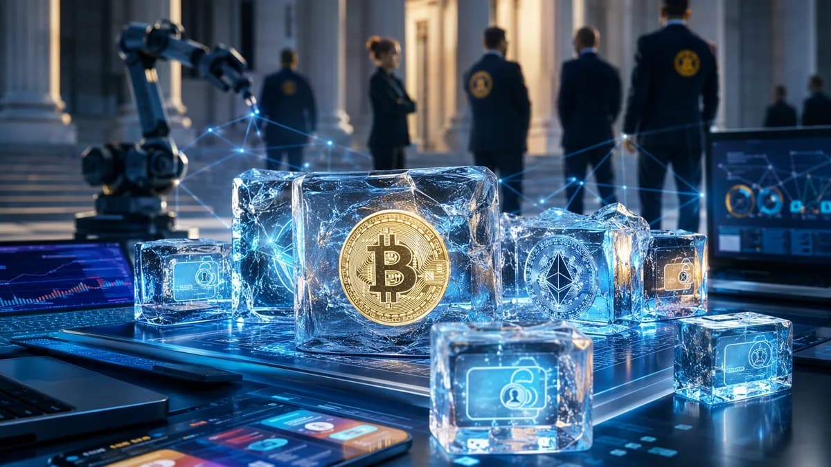 Frozen crypto wallet network under investigation, symbolizing seizure of scam-linked digital assets.