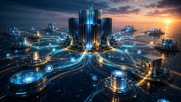 Crypto network streams converging into a few central data towers, symbolizing infrastructure concentration risk.