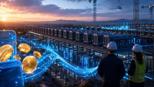 Crypto treasury funds flowing into a futuristic AI data center construction site