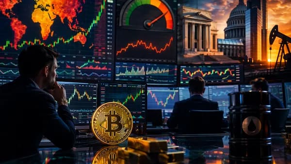 Bitcoin trading floor with market charts, inflation pressure, bank earnings and oil risk visuals.